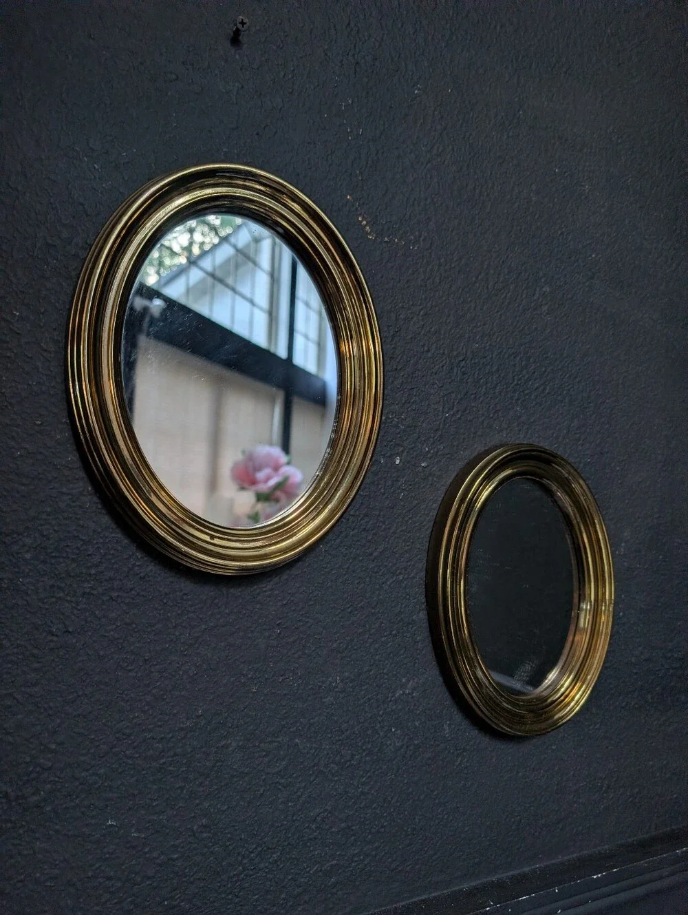 Vintage, set of 2,  MCM Polished Gold style Framed Oval Wall Mirrors decor